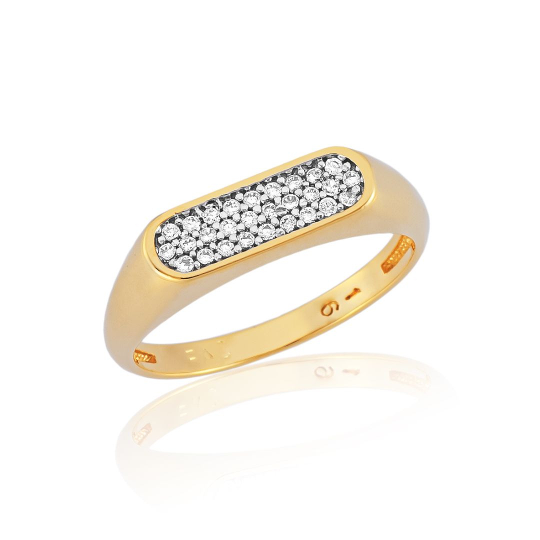 Anel Plaquinha com Microzircônias Pavê Banhado a Ouro 18k