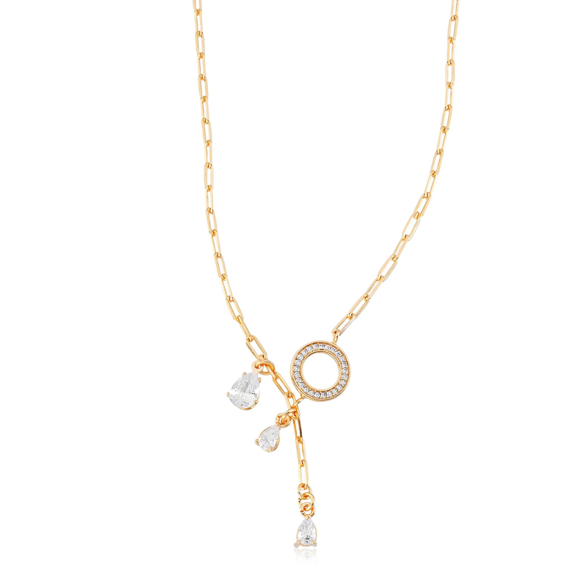 Colar Elo com Pingentes Gota e Zircônia Banhado em Ouro 18k