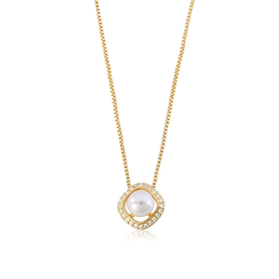 Colar com Pérola e Zircônias Formato Quadrado Banhado a Ouro 18k