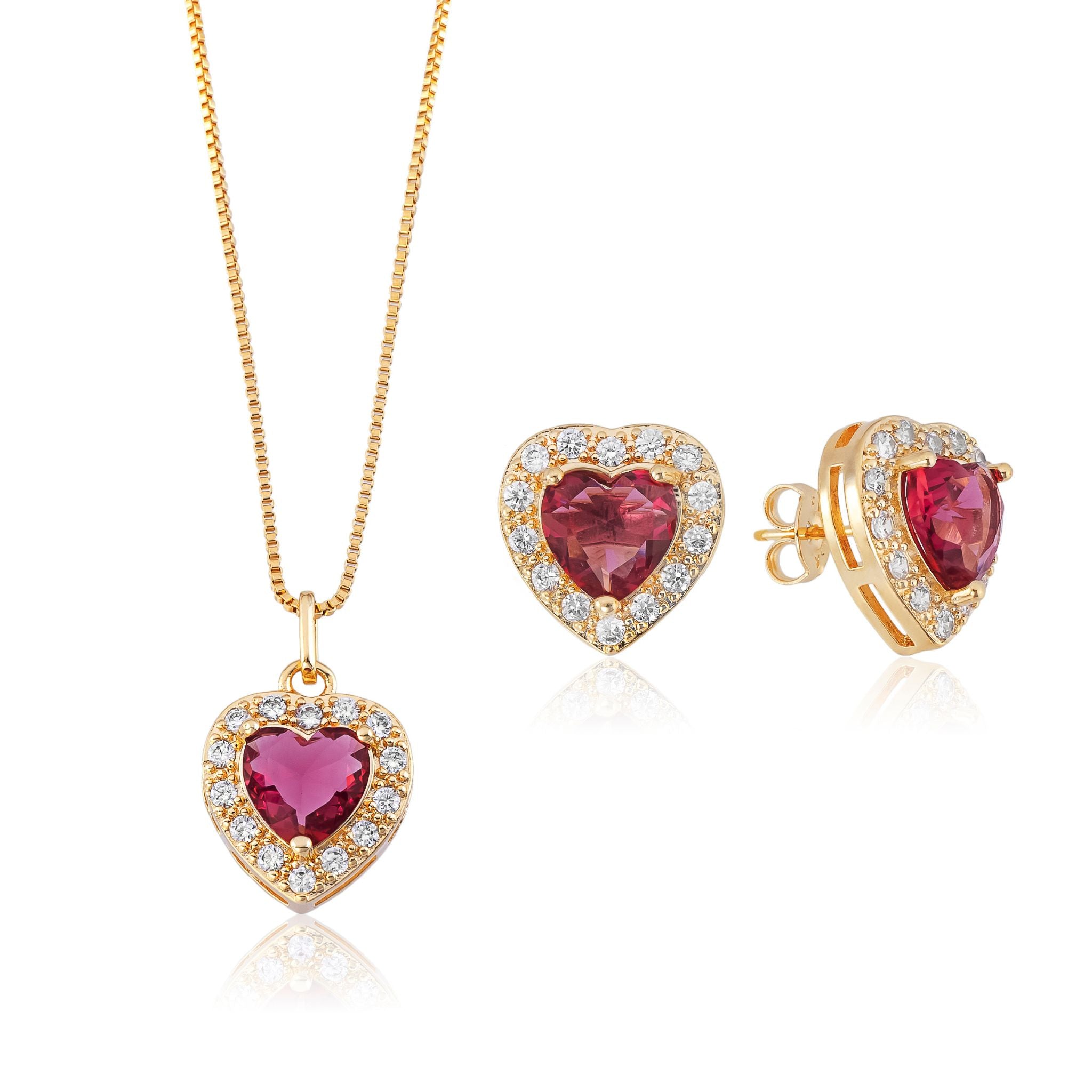 Conjunto Coração Rubi Cravejado, Colar e Brinco Banhados em Ouro 18k