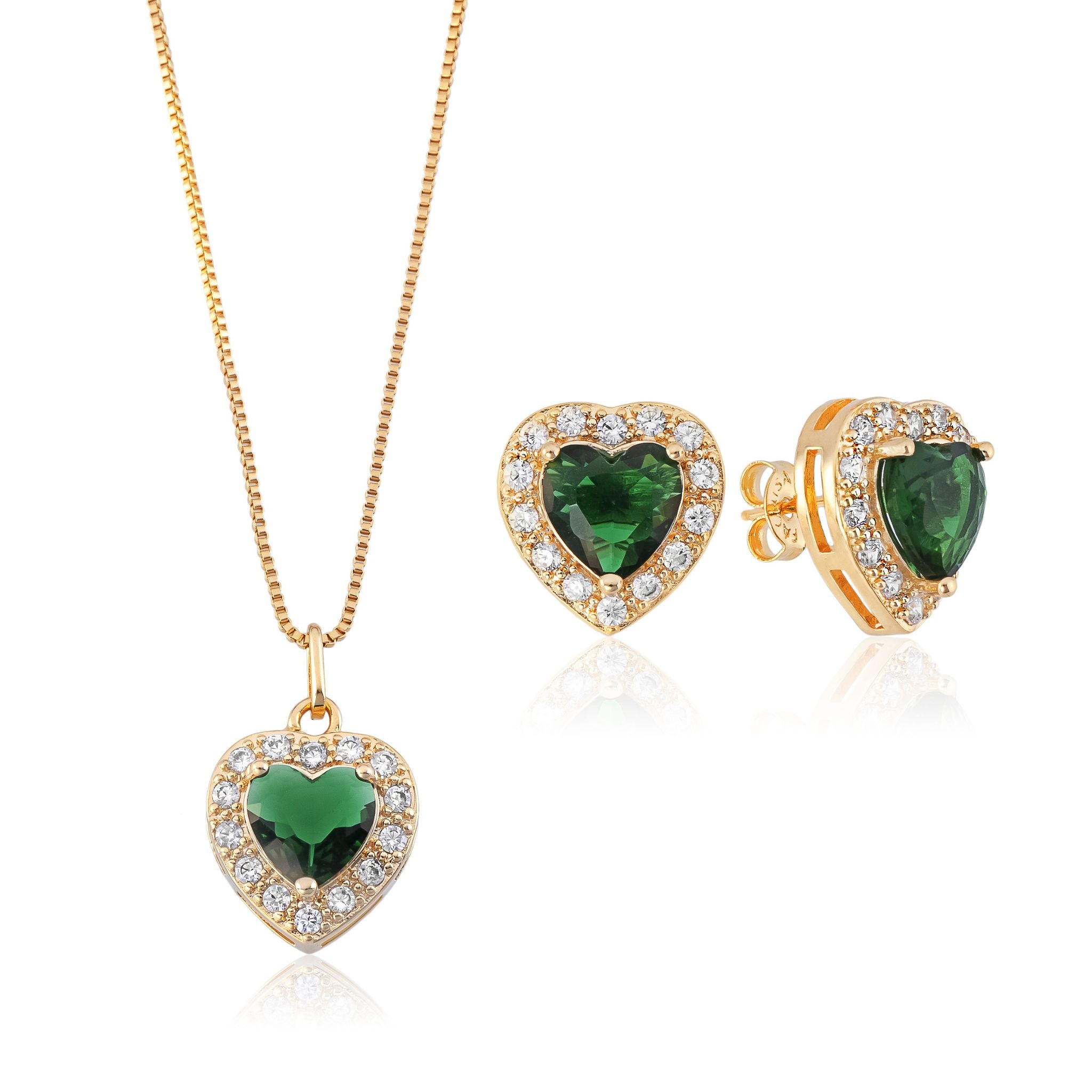 Conjunto Coração Verde Esmeralda Cravejado, Colar e Brinco Banhados a Ouro 18k