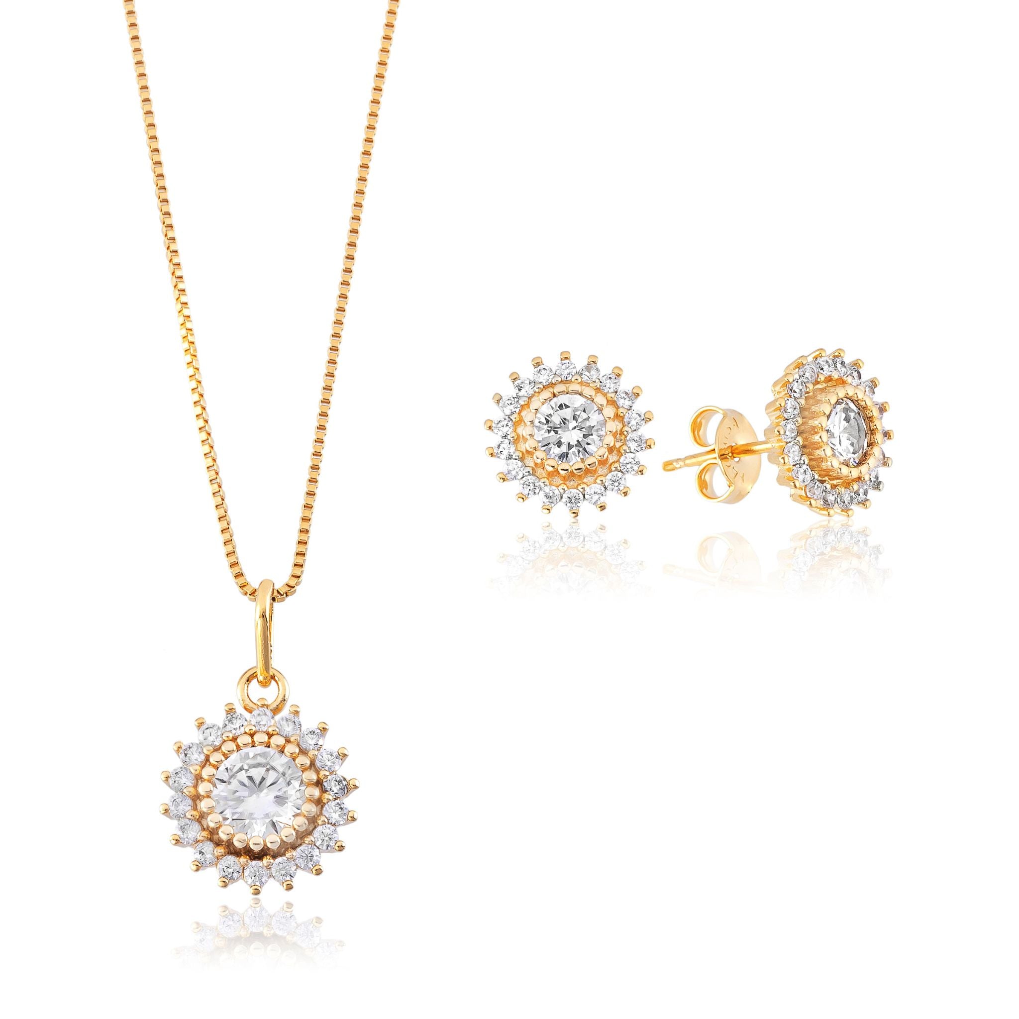 Conjunto Colar e Brinco Girassol Cravejado com Zircônias Banhado em Ouro 18k