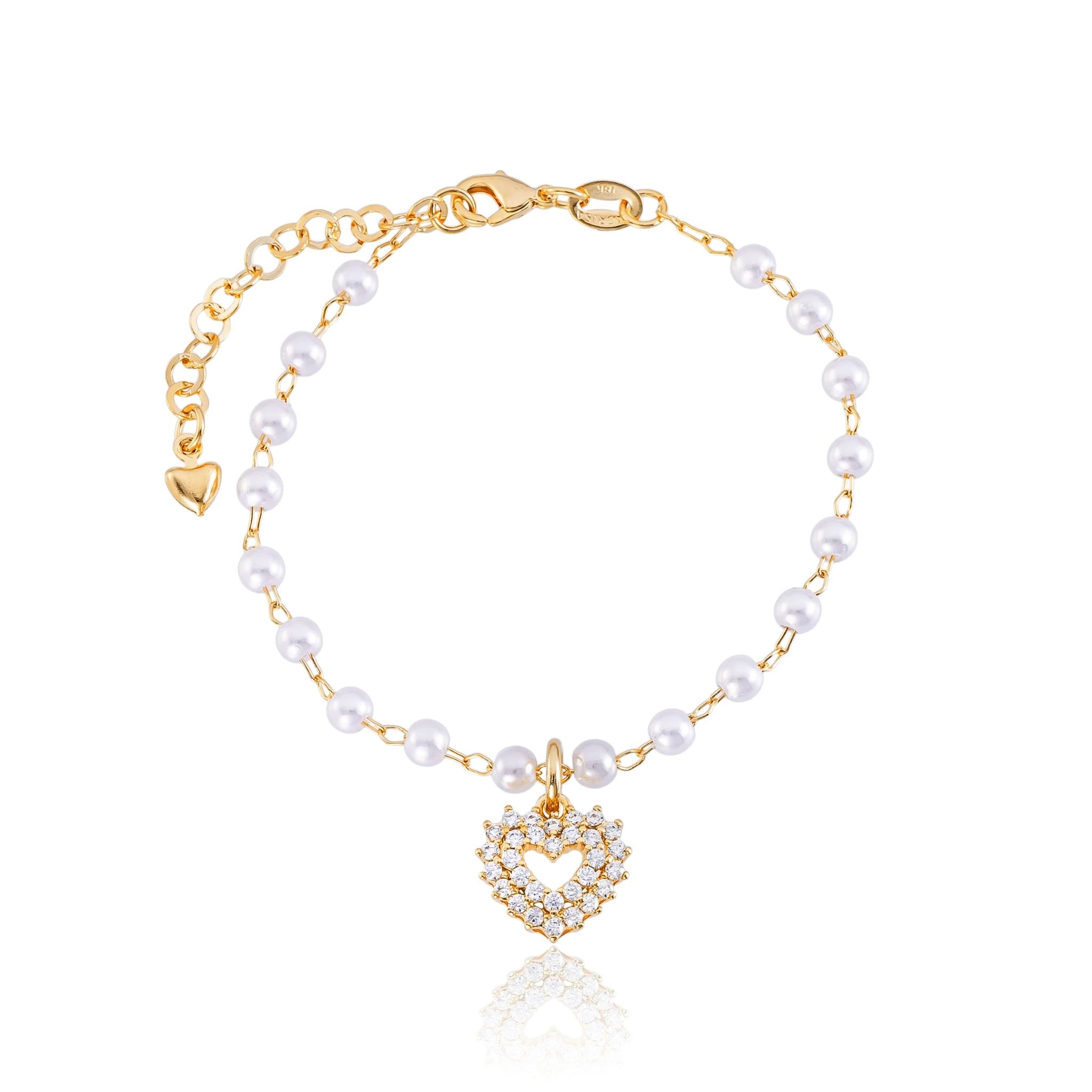 Pulseira Coração com Pérolas e Zircônias Banhada a Ouro 18k