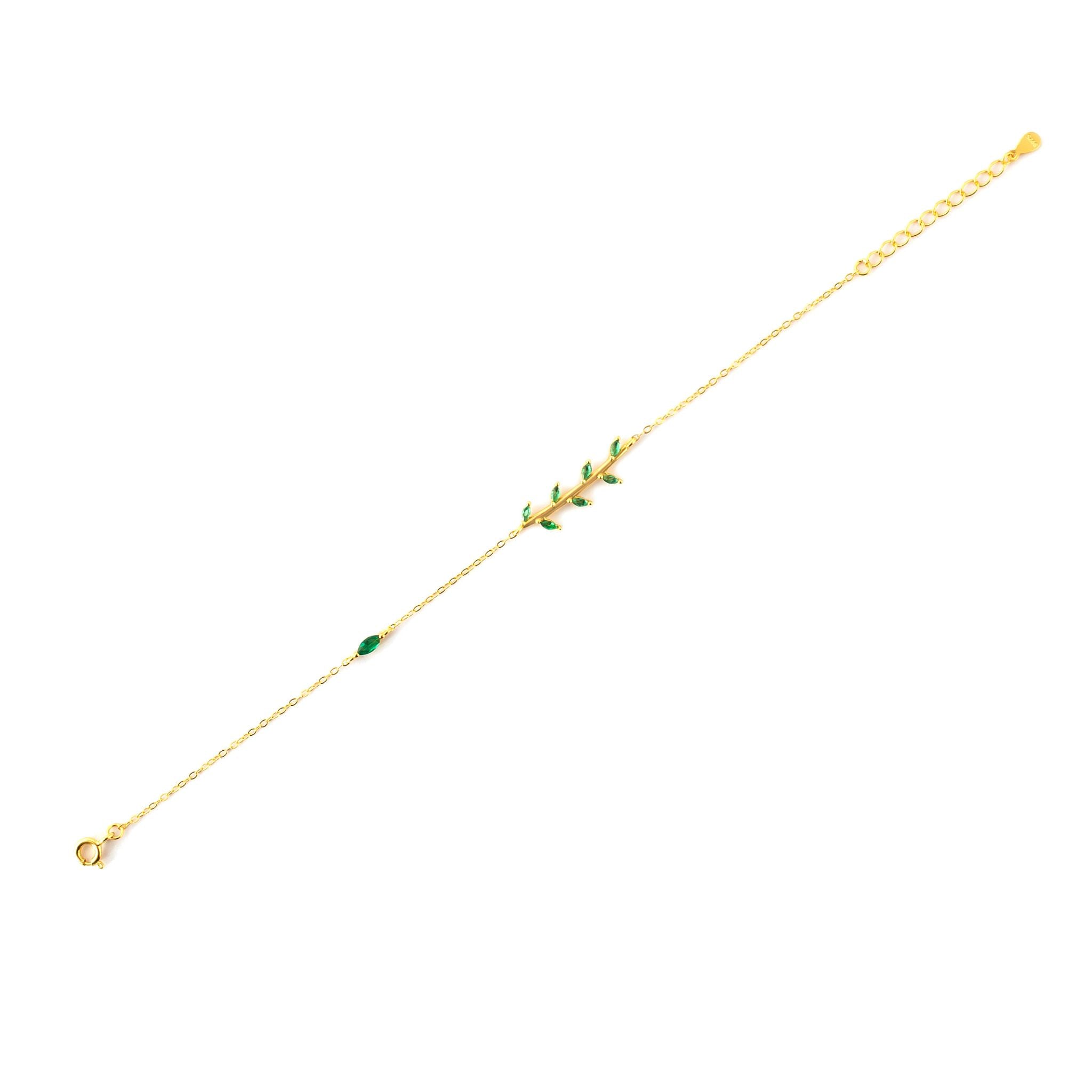 Pulseira Folhas Verdes Prata 925 Banhado em Ouro 18k