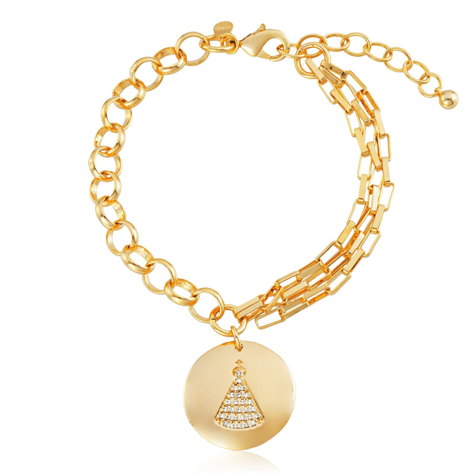 Pulseira Medalha Religiosa com Zircônias Banhada a Ouro 18k