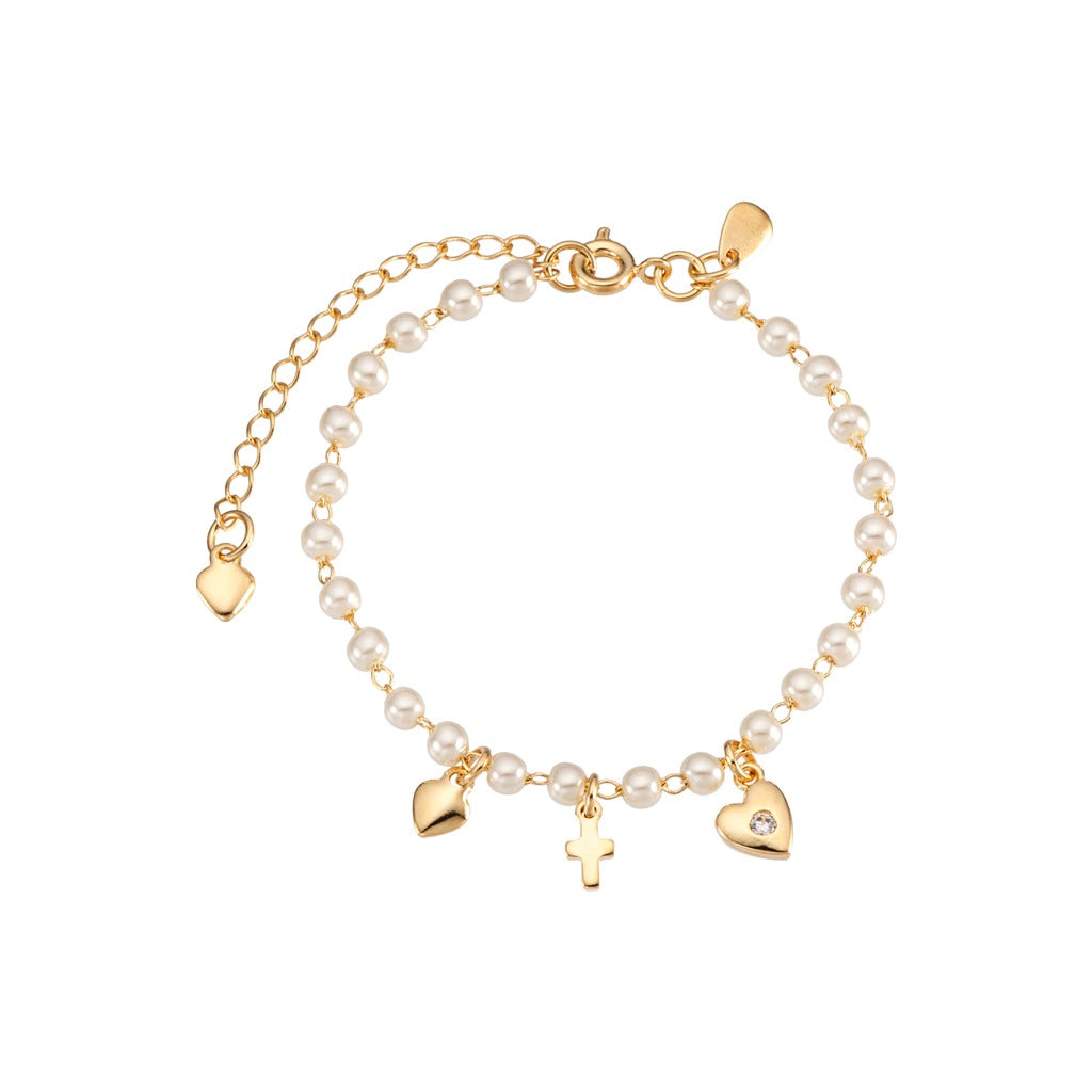 Pulseira de Pérolas com Pingentes Coração e Cruz Banhada a Ouro 18k