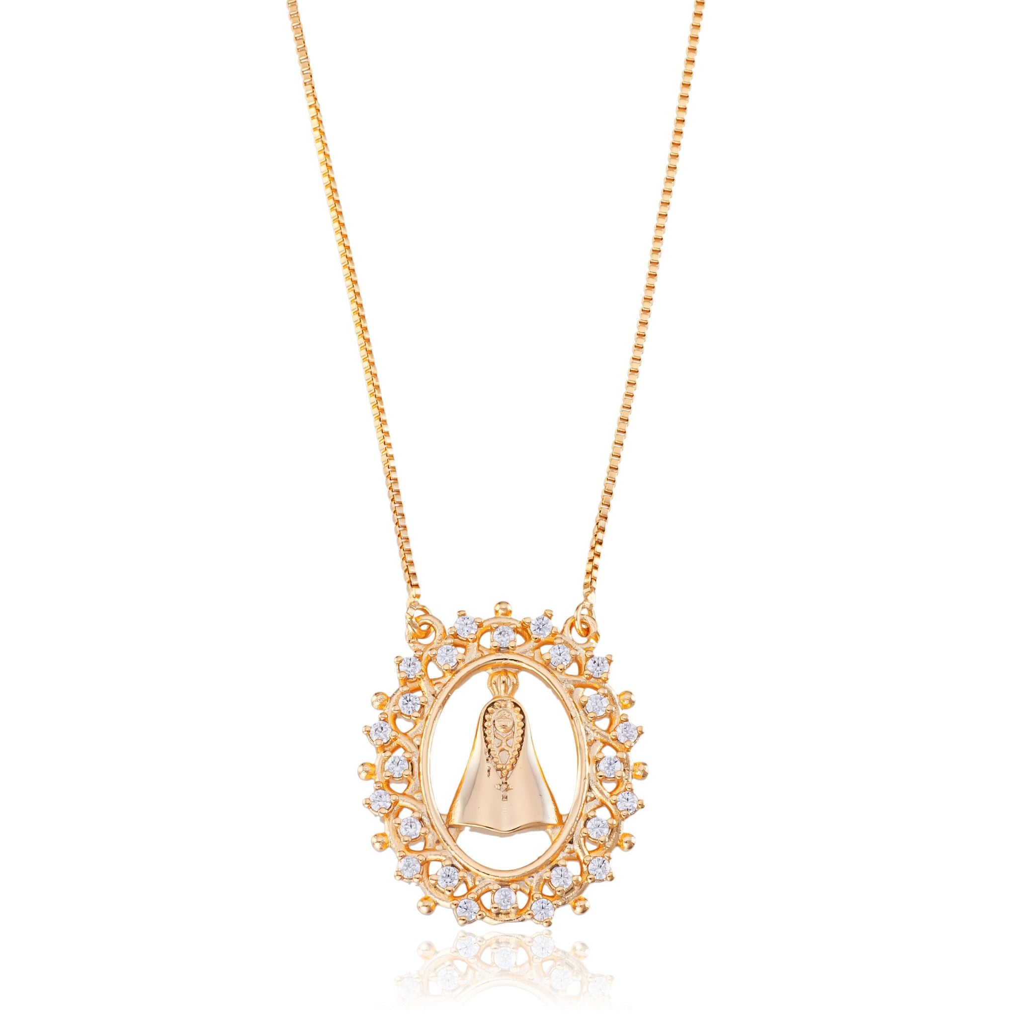 Colar N.Sra. Aparecida Oval com Zircônias Banhado a Ouro 18k