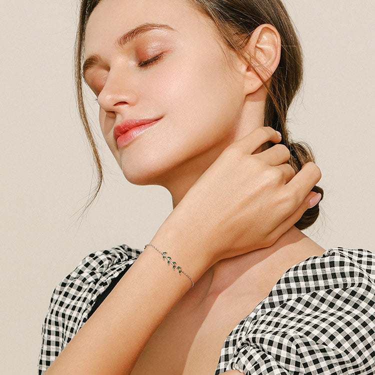 Pulseira Folhas Verdes Prata 925