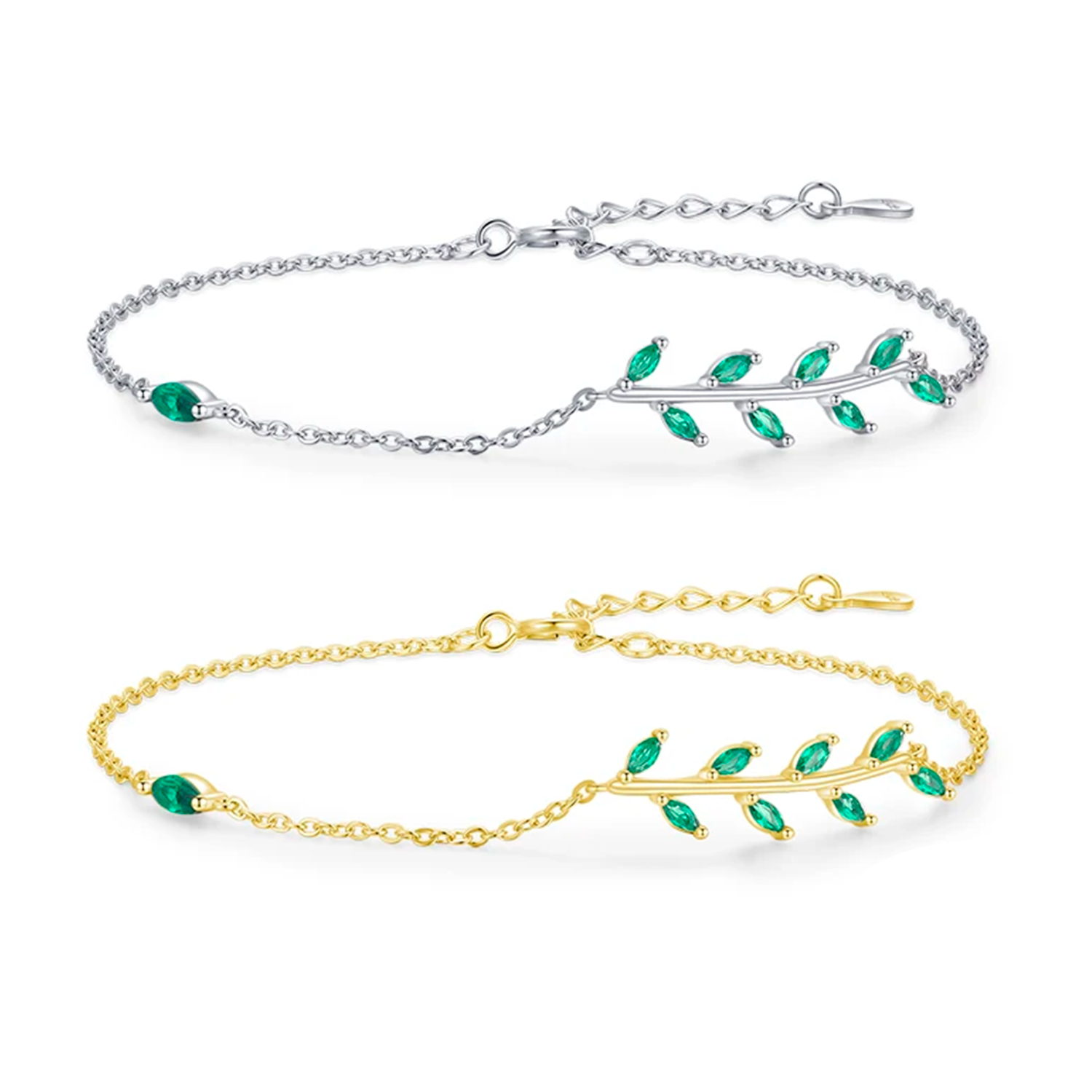 Pulseira Folhas Verdes Prata 925 Banhado em Ouro 18k