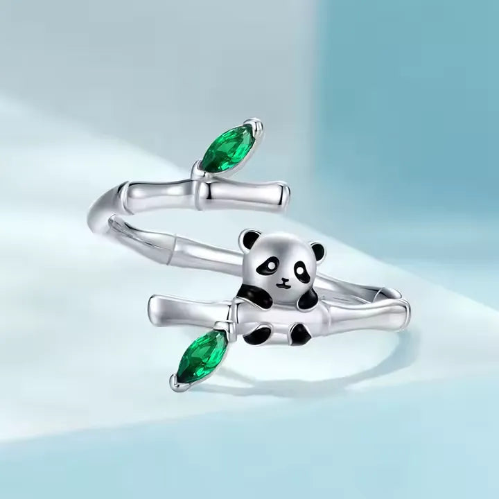Anel Panda Ajustável com Zircônia Verde Prata 925