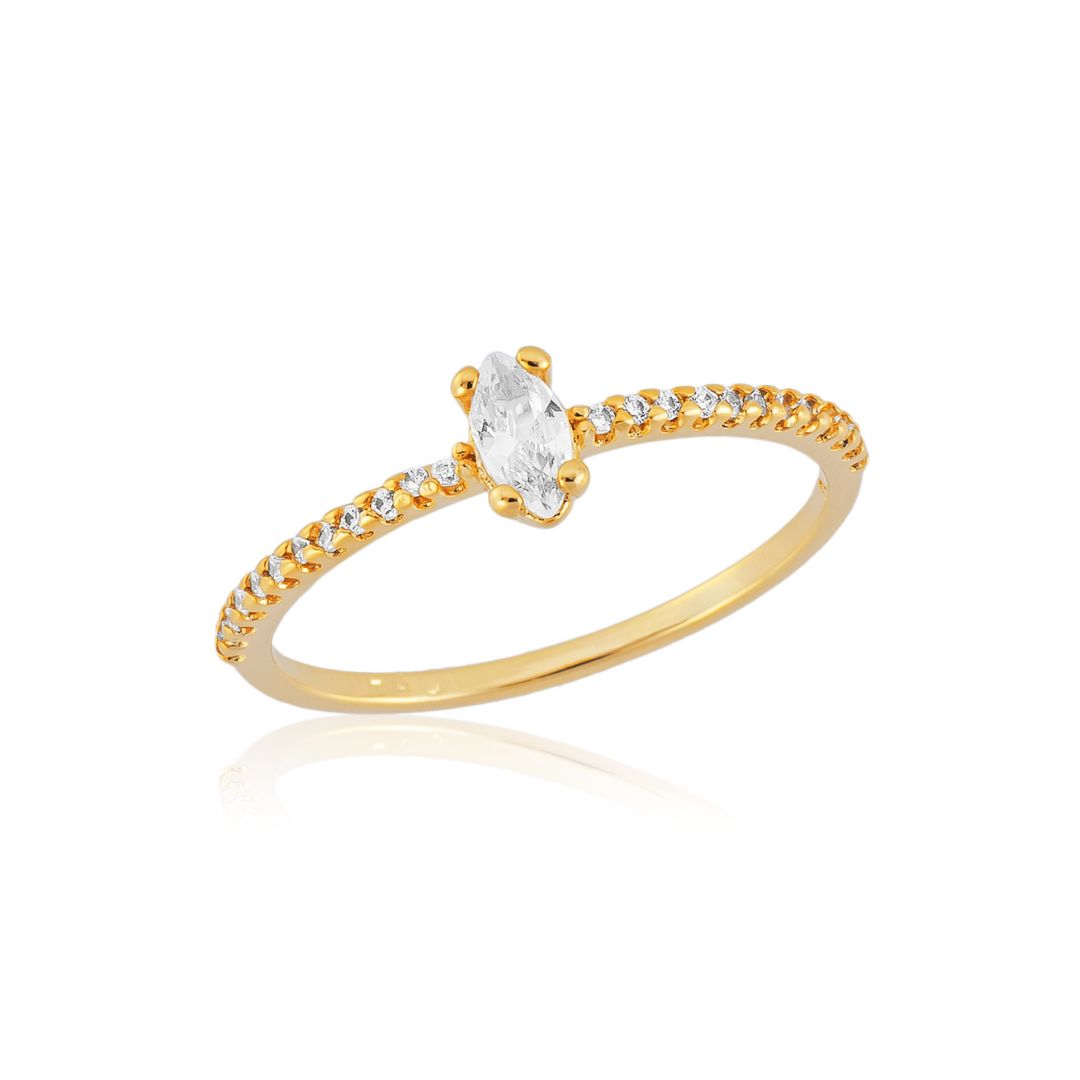 Anel Solitário Pedra Marquise e Zircônias Banhado a Ouro 18k