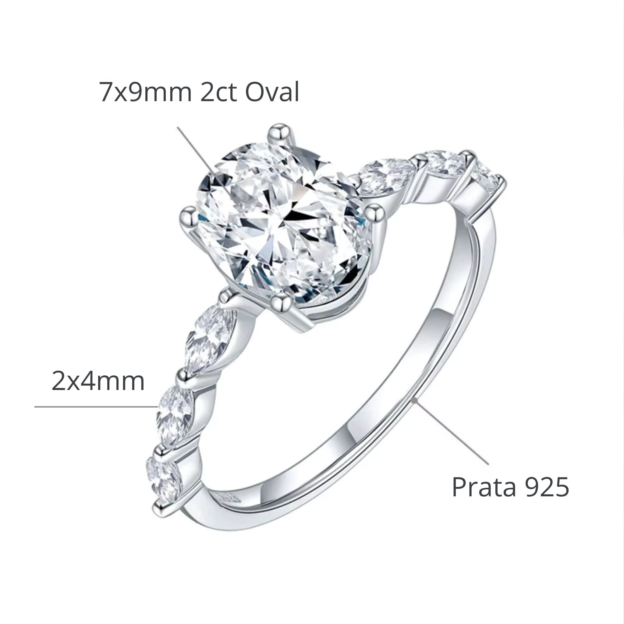 Anel de Noivado Prata 925 Moissanite Oval 2ct