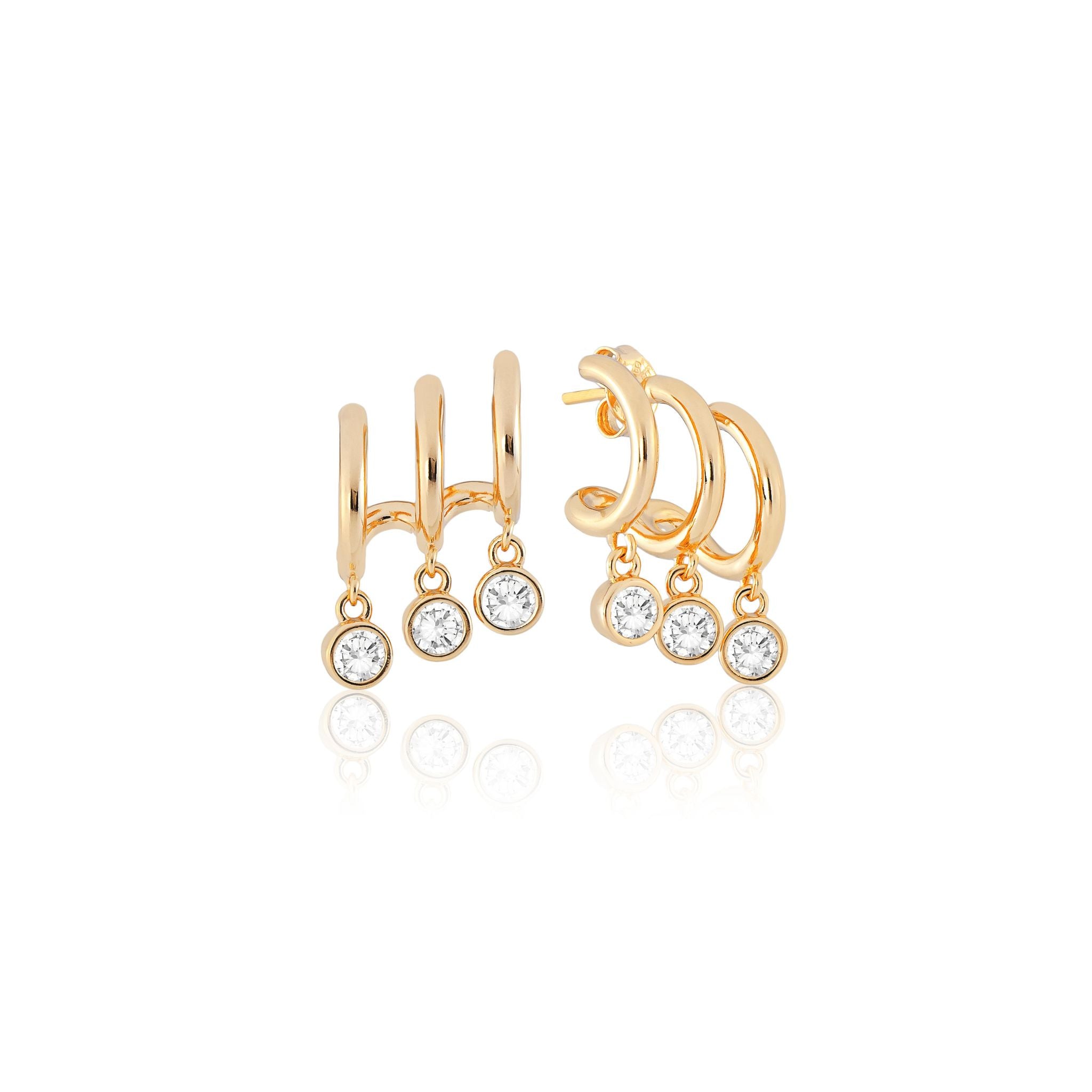 Brinco Argola Tripla com Zircônias Banhado em Ouro 18k