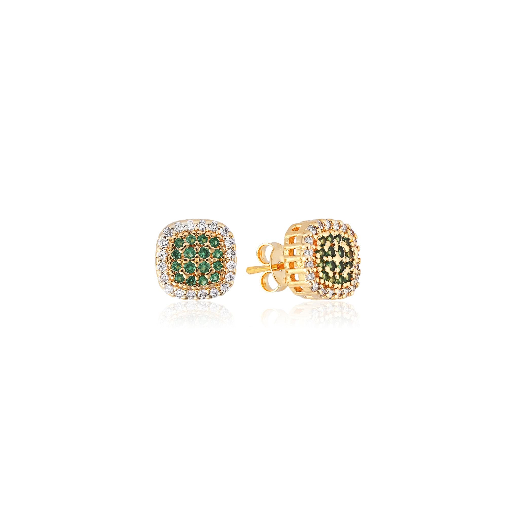 Conjunto Colar e Brinco Quadrado com Zircônias Verdes Banhado em Ouro 18k