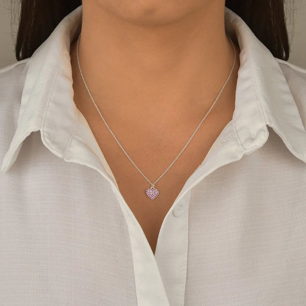 Colar Coração Cravejado Rosa em Prata 925