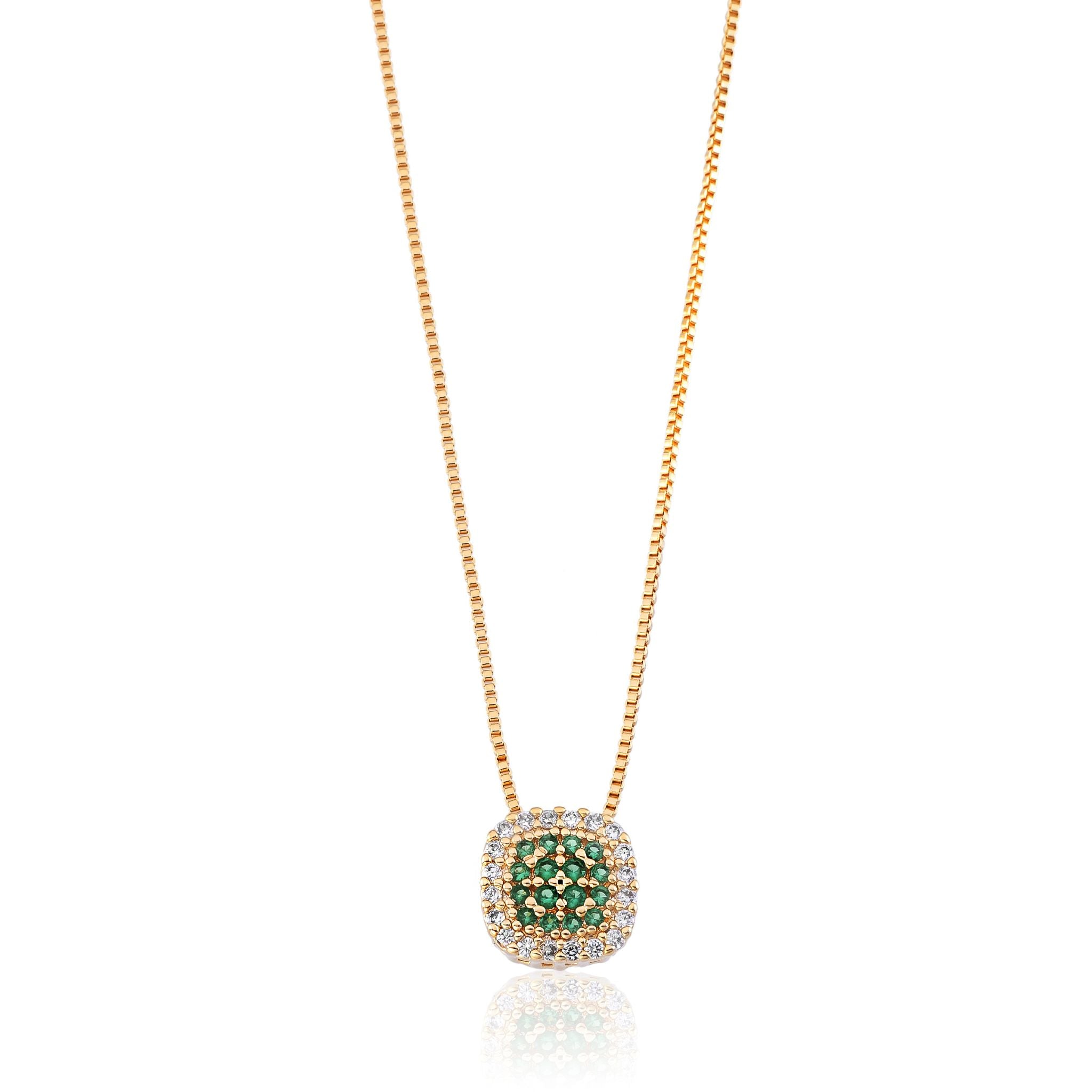 Conjunto Colar e Brinco Quadrado com Zircônias Verdes Banhado em Ouro 18k