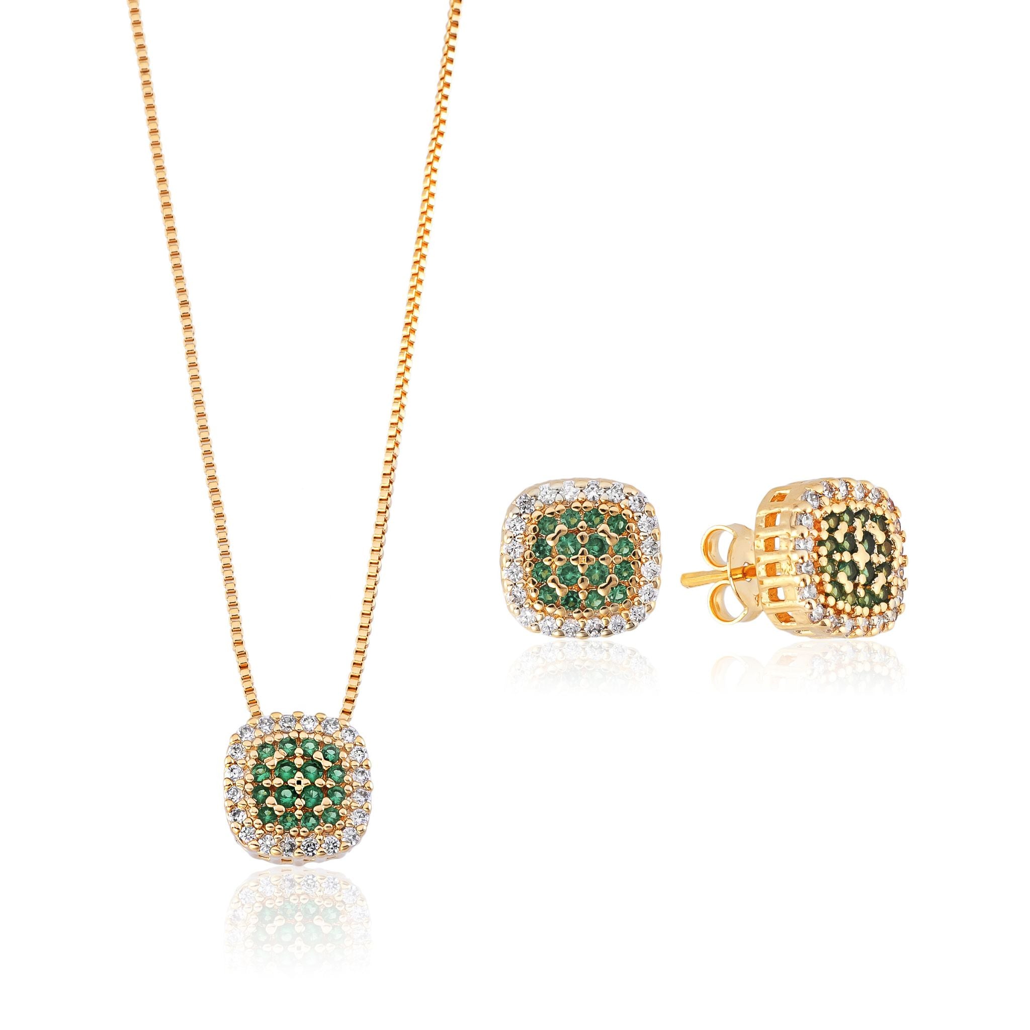 Conjunto Colar e Brinco Quadrado com Zircônias Verdes Banhado em Ouro 18k