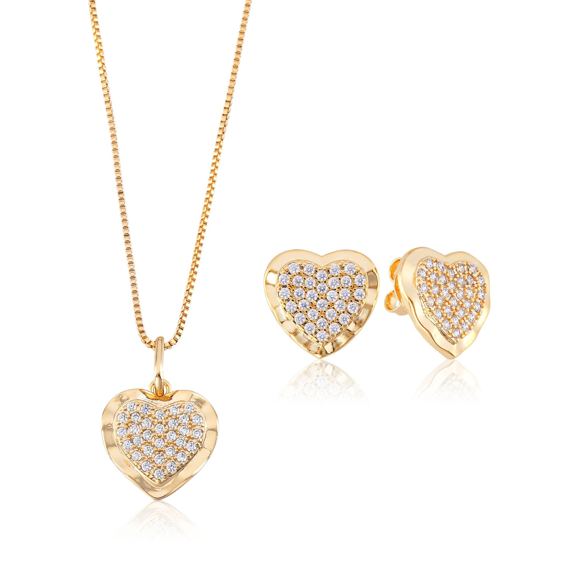 Conjunto Colar e Brinco Coração Cravejado Banhado em Ouro 18k