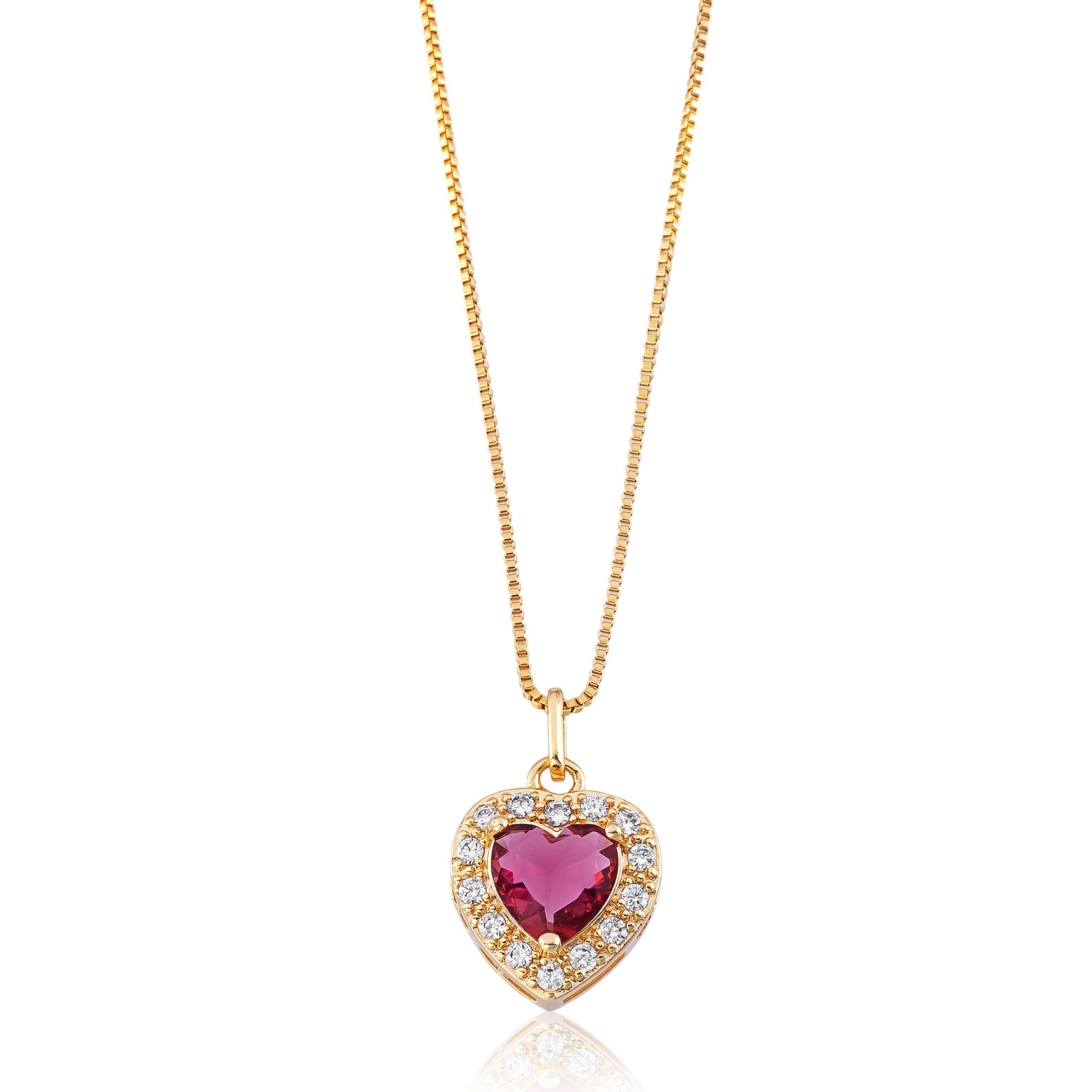 Conjunto Coração Rubi Cravejado, Colar e Brinco Banhados em Ouro 18k