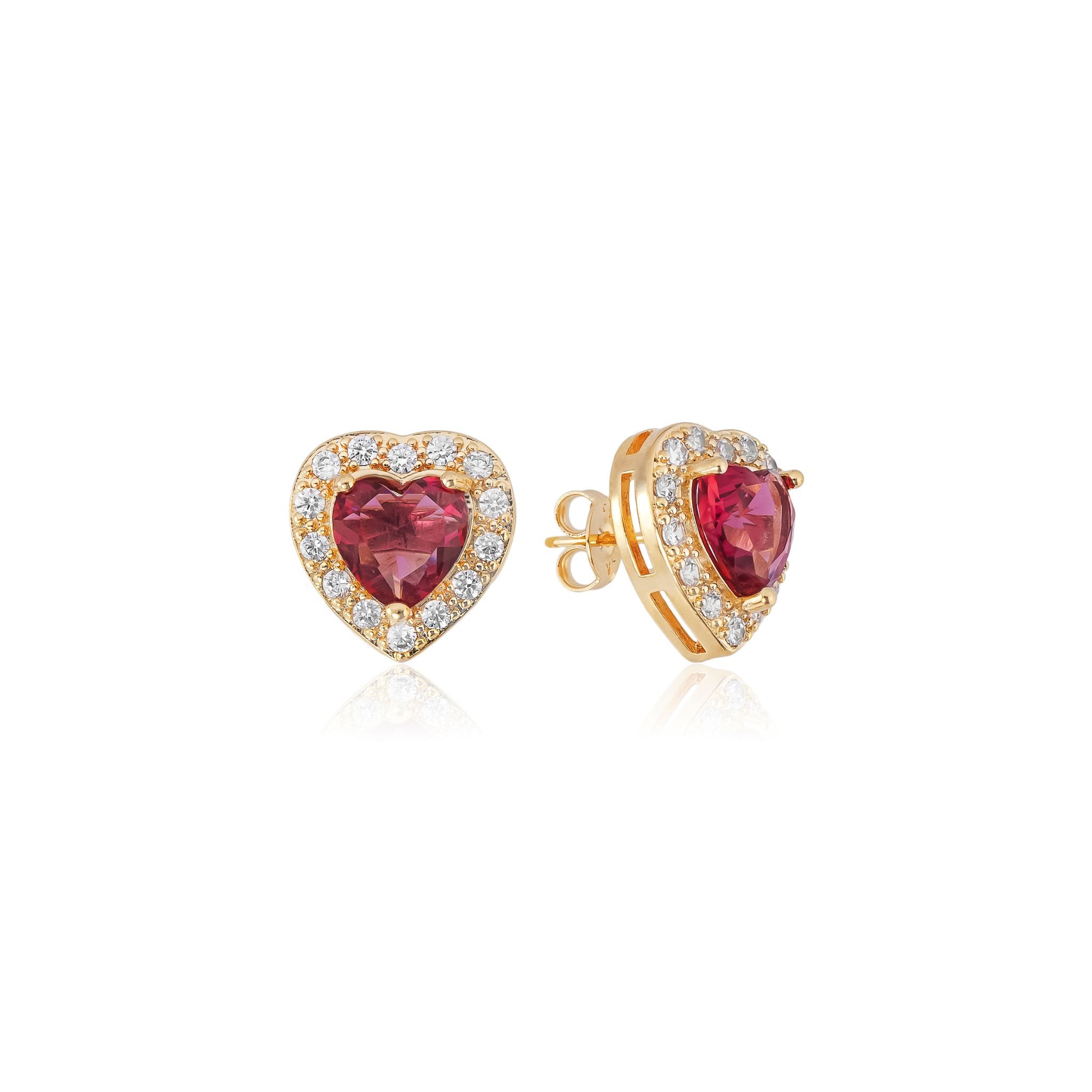 Conjunto Coração Rubi Cravejado, Colar e Brinco Banhados em Ouro 18k