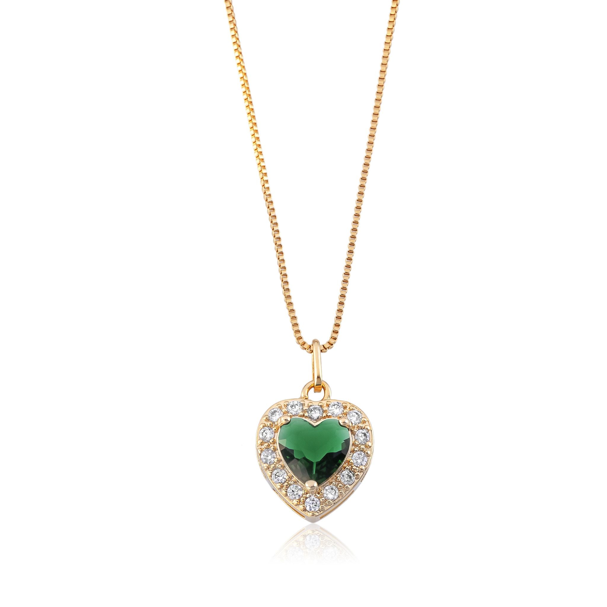 Conjunto Coração Verde Esmeralda Cravejado, Colar e Brinco Banhados a Ouro 18k