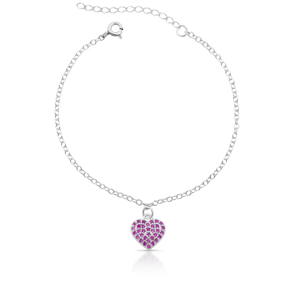 Pulseira Coração Cravejado Rosa em Prata 925