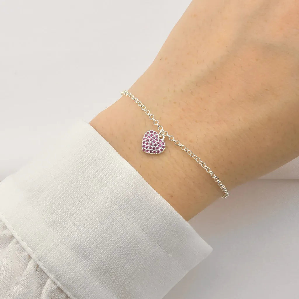 Pulseira Coração Cravejado Rosa em Prata 925