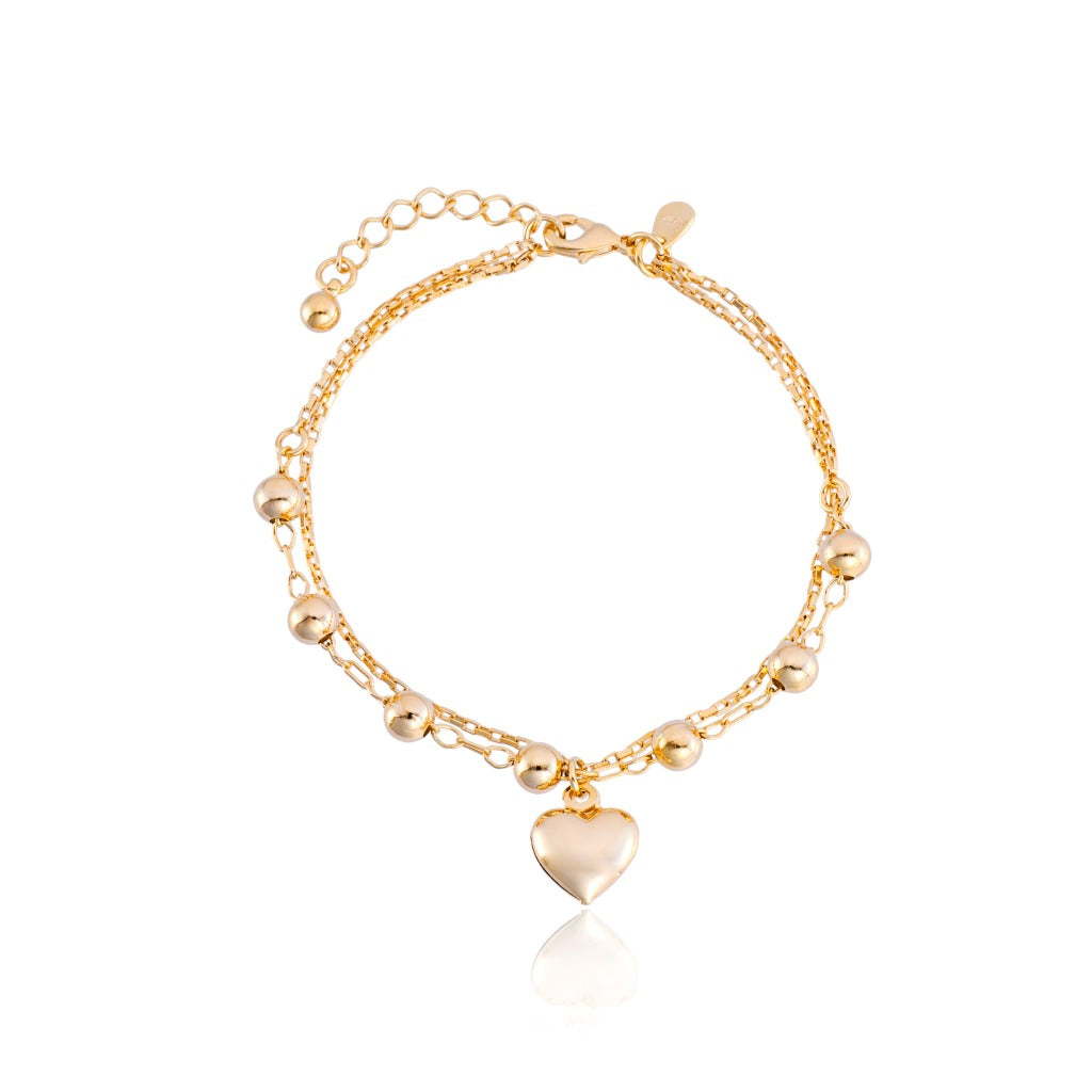 Pulseira Coração Delicada com Esferas Banhada a Ouro 18k