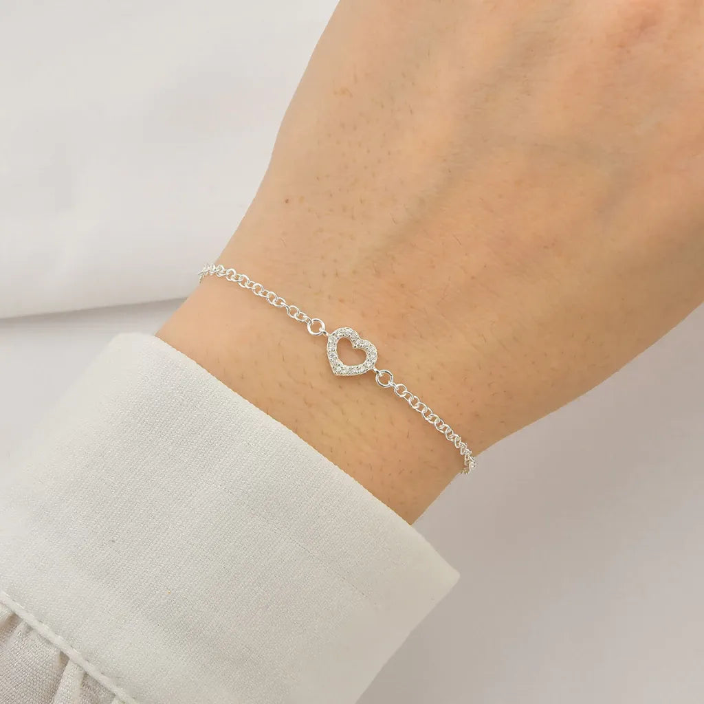 Pulseira Coração Vazado Cravejado Prata 925