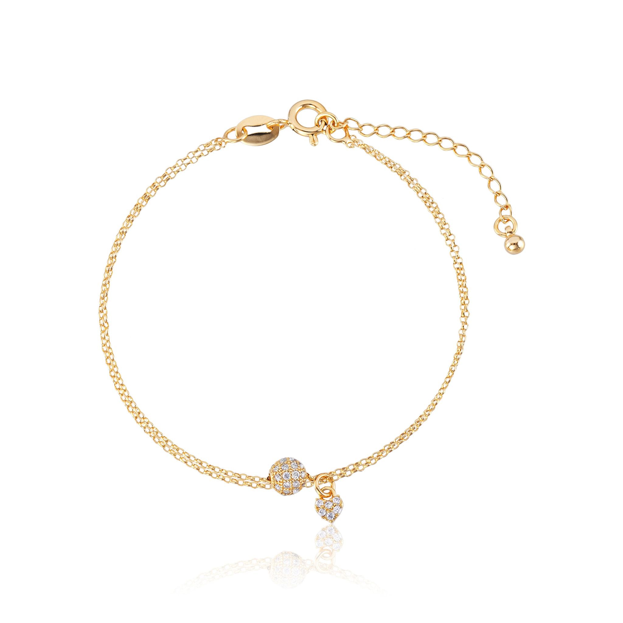 Pulseira Delicada com Coração e Esfera Cravejada Banhada em Ouro 18k