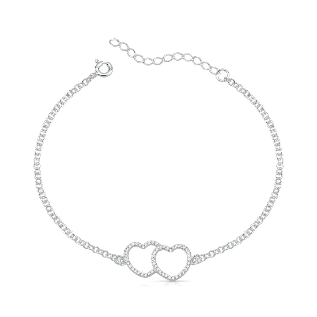 Pulseira Dois Corações Vazado Cravejado Prata 925