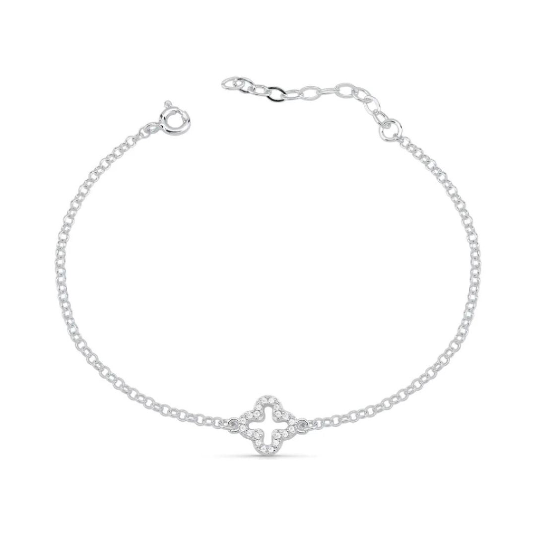 Pulseira Trevo Vazado Cravejado Prata 925