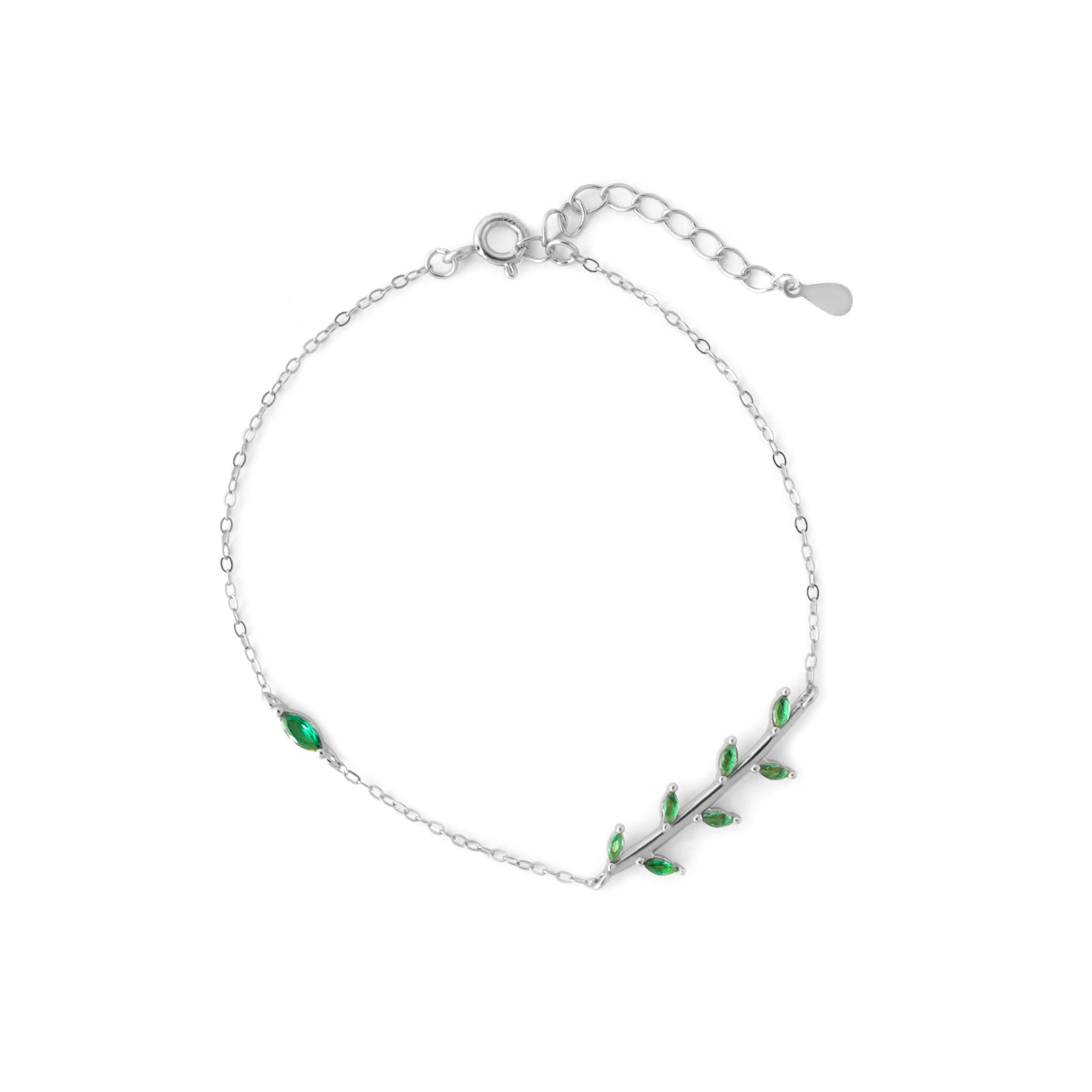 Pulseira Folhas Verdes Prata 925