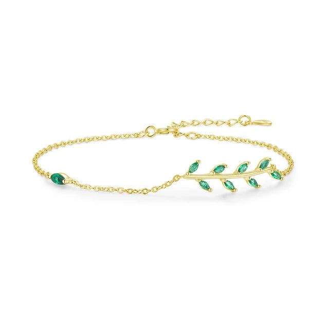Pulseira Folhas Verdes Prata 925 Banhado em Ouro 18k